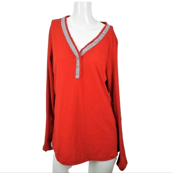 L.L. Bean Women's Size Med Orange Quarter-Button Ruffle Collar Long-Sleeve Top - Picture 1 of 7